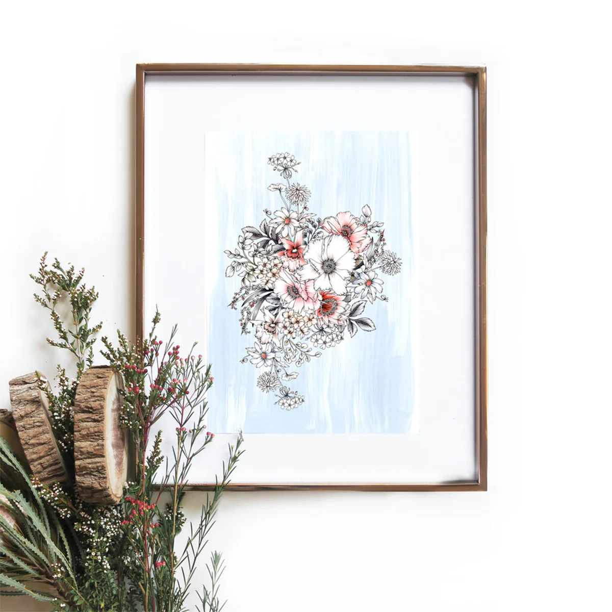 Art Print A3 Pale Blue Bouquet - Typoflora