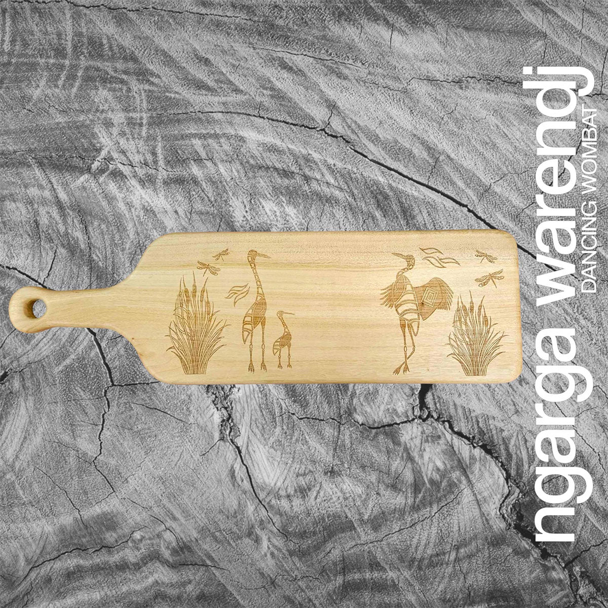 Wooden Paddle Board Rectangle Large Dancing Brolga Camphor Laurel 66x20x2.8cm - Ngarga Warendj