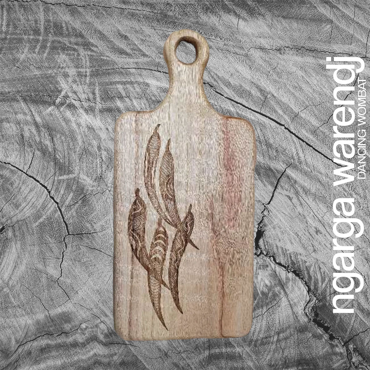 Wooden Paddle Board Rectangle Small Five Gum Leaves Camphor Laurel 38x18x2.8 - Ngarga Warendj