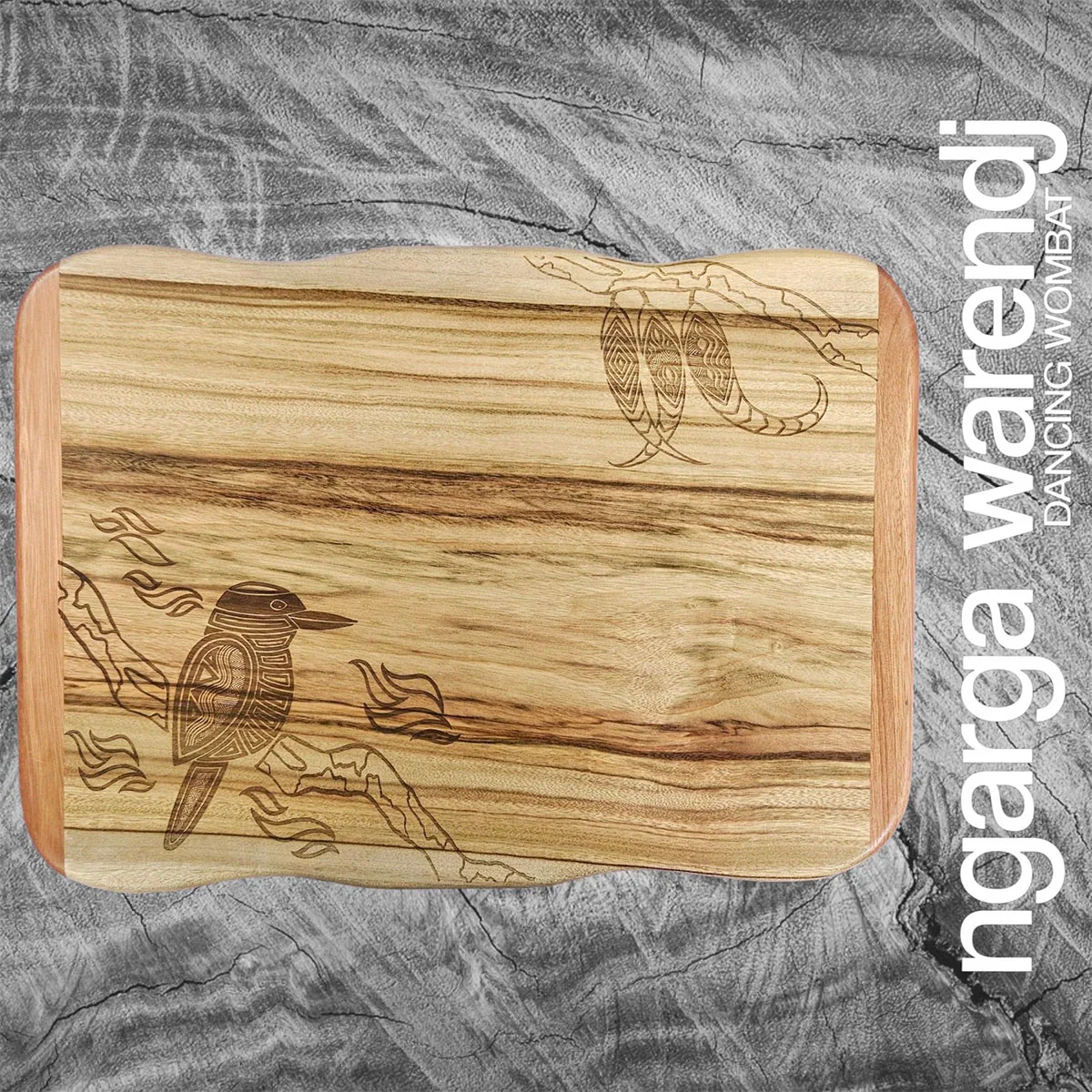 Wooden Board Rectangle Medium Kookaburra Camphor Laurel Redgum 47x34x2.5cm - Ngarga Warendj