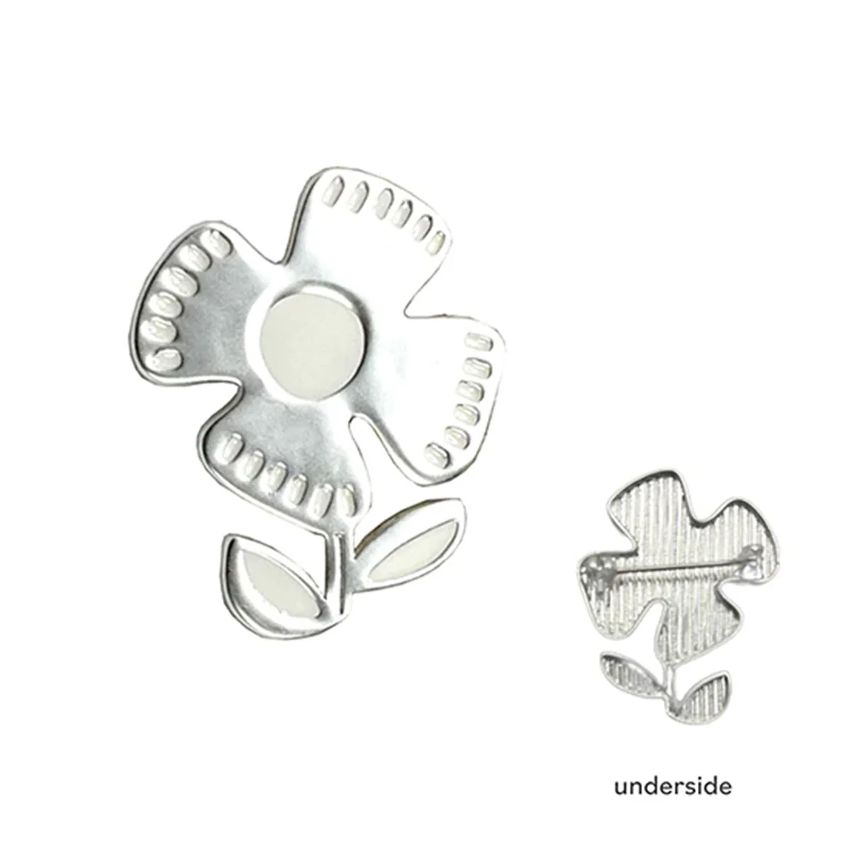 Brooch Matte Silver and White Enamel Flower - Rancho