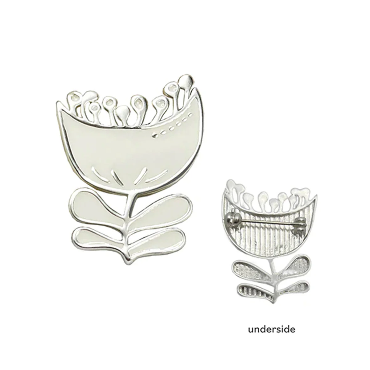 Brooch Matte Silver and White Enamel Tulip - Rancho