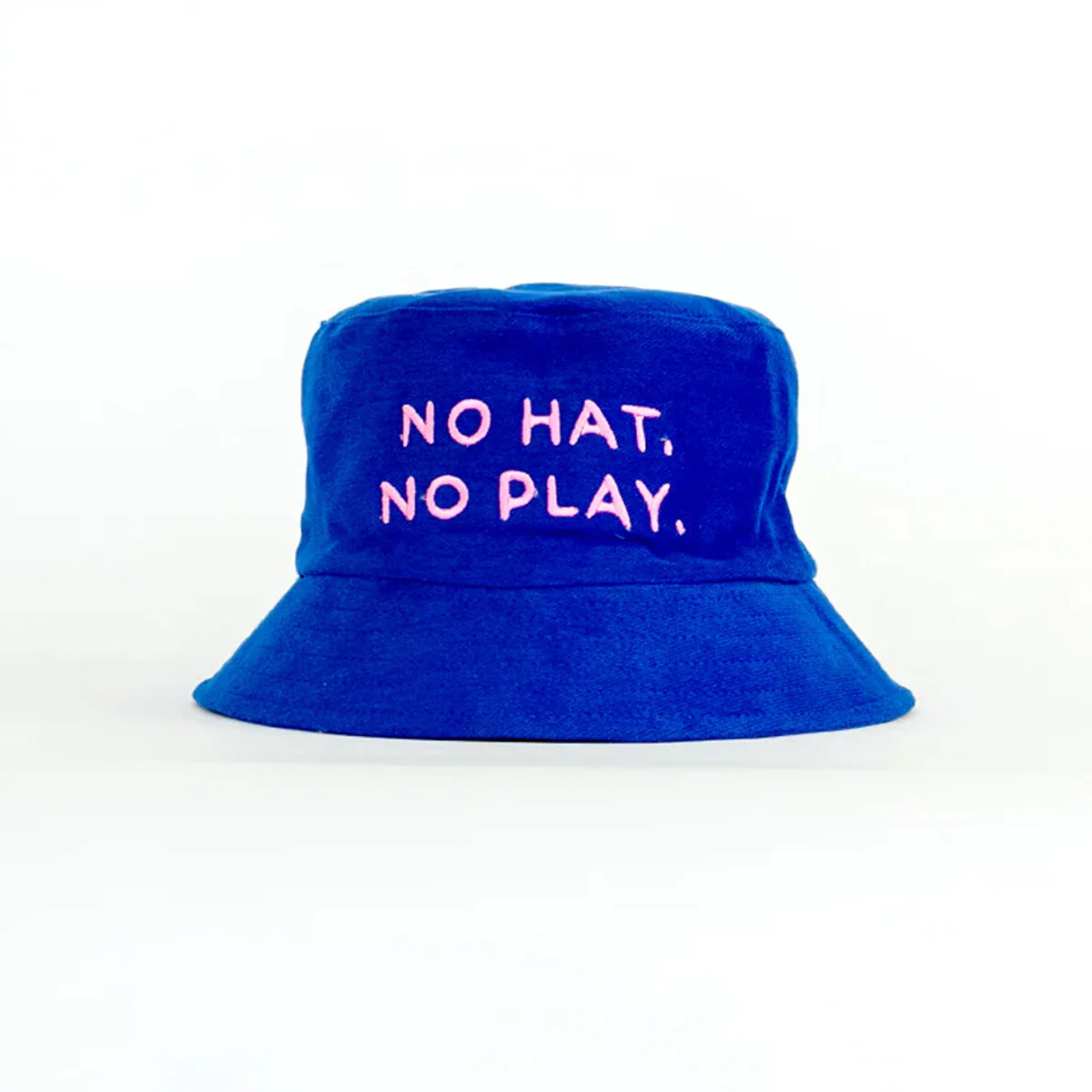 Bucket Hat No Hat, No Play Blue with Pink Font