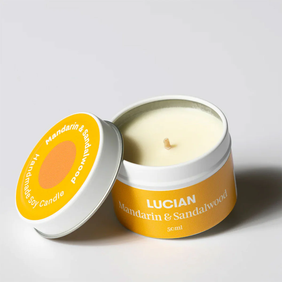 Candle Small Tin Mandarin and Sandalwood - Lucian Candles