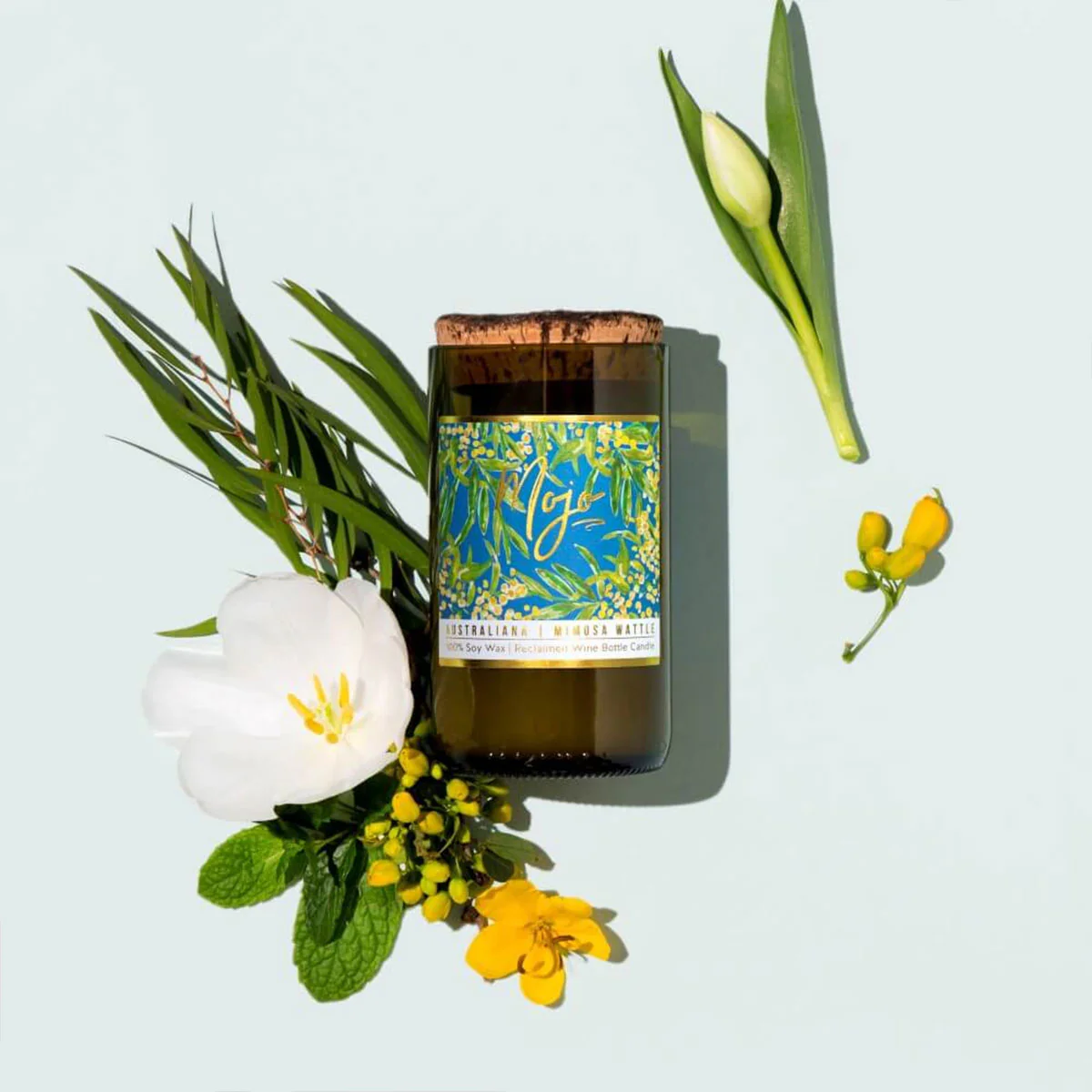 Candle Soy Wax Reclaimed Wine Bottle Australiana Mimosa Wattle - Mojo Candle Co