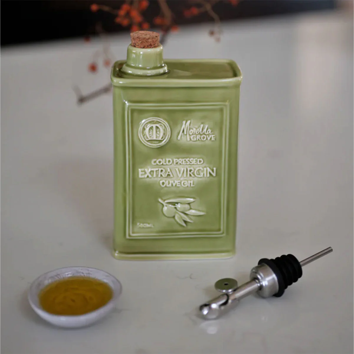 Ceramic Sage Olive Oil Bottle with Olive Oil 500ml