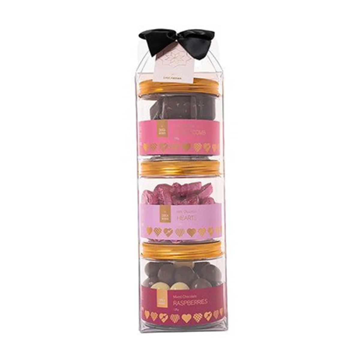Feel The Love  3 Honeycomb/Foiled Milk Hearts Mixed Choc Raspberries Tall Gift Pack - Chocamama