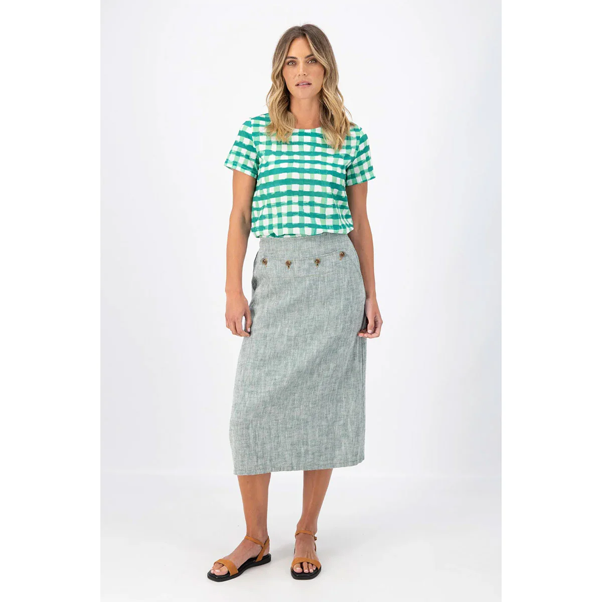 Hepburn Panorama Skirt Green in Herringbone Linen S - Olga De Polga - Image 2
