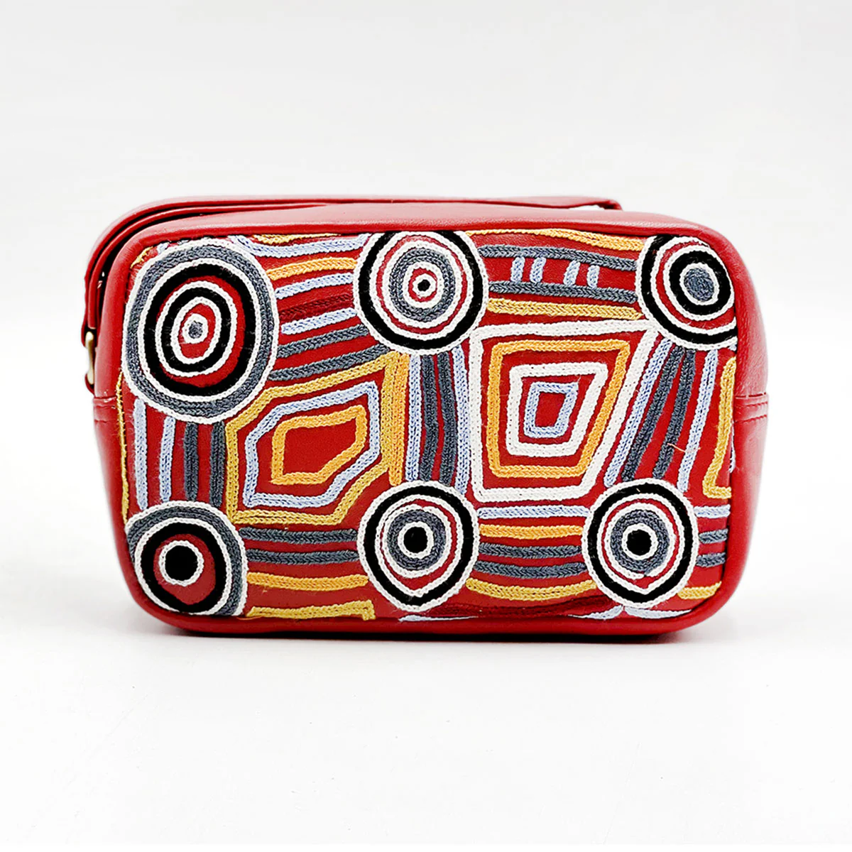 Leather Embroidery Toiletry Bag Mary Napangardi Brown AMAB665 - Better World Arts