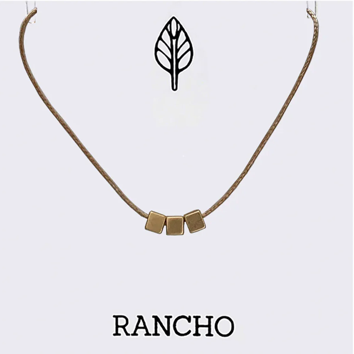 Necklace Three Gold Cubes Tan Cord - Rancho
