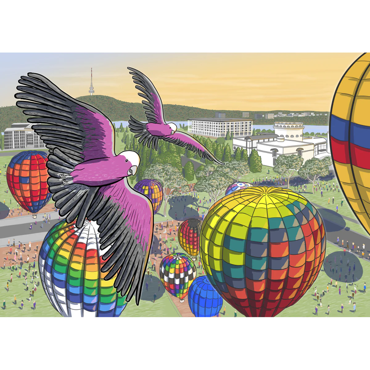 Postcard Galahs at Balloon Spectacular - Stuart McMillen