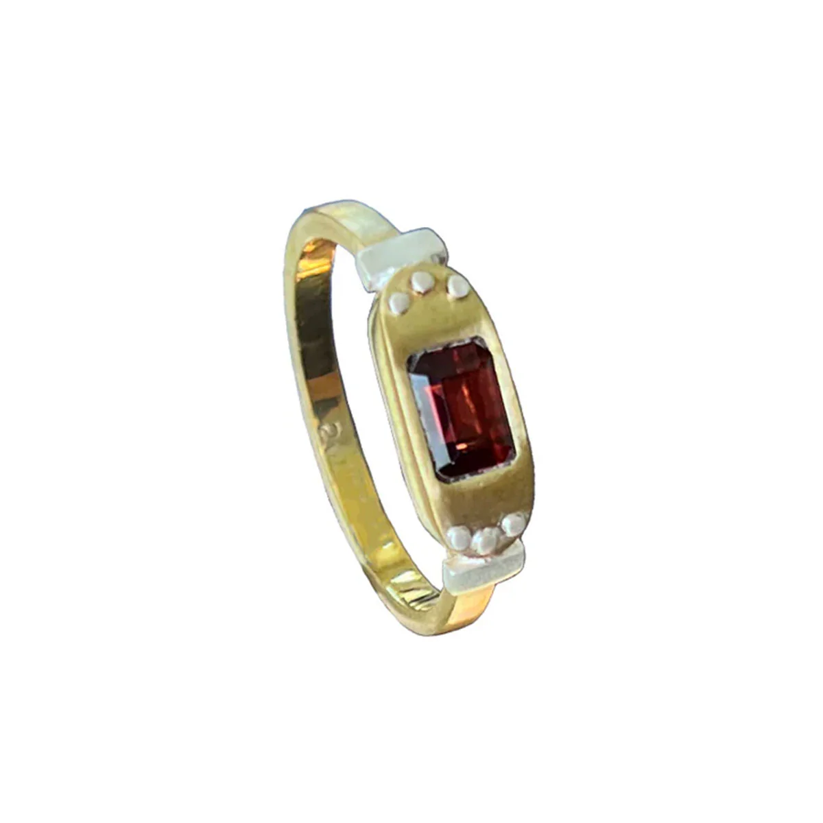 Ring Brass  wide oval bezel  rectangle red garnet - s7.5 - via Smith