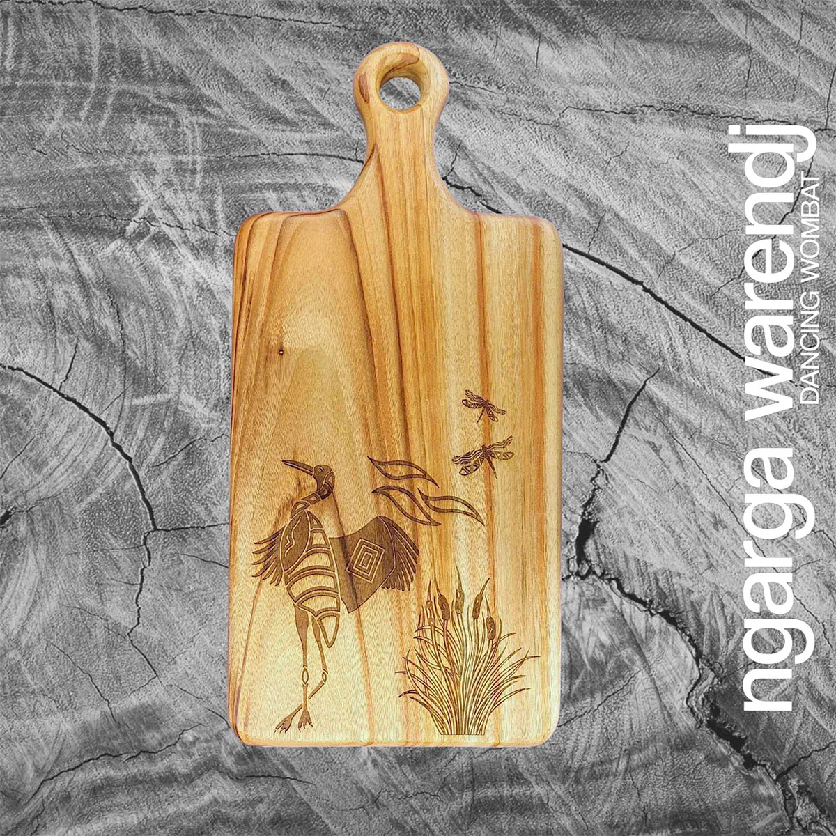 Wooden Paddle Board Rectangle Medium Dancing Brolga Camphor Laurel 42x20x2.8cm - Ngarga Warendj