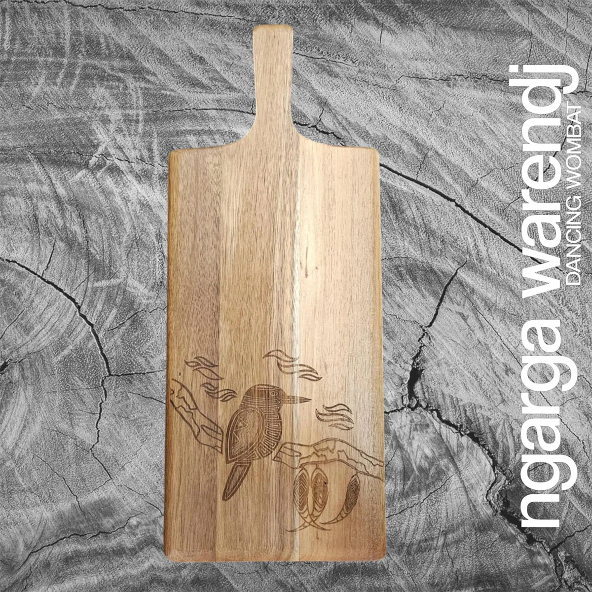 Wooden Paddle Board Rectangle Medium Kookaburra Acacia 38x20cm - Ngarga Warendj